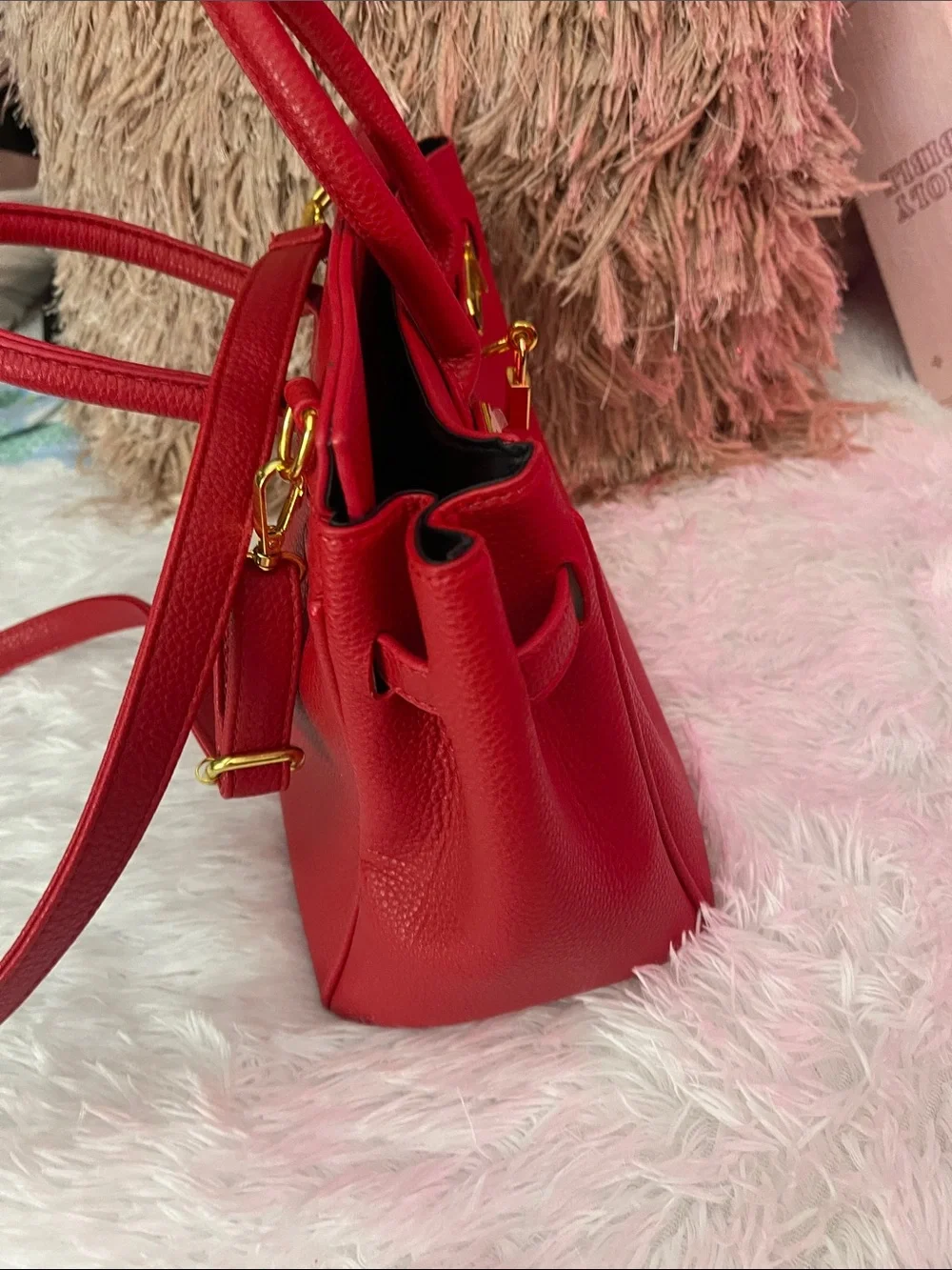 Red Women's Structured Satchel Handbag with Gold Hardware